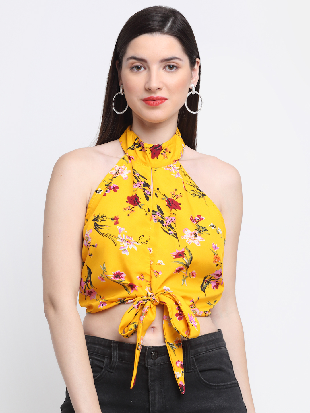 Emeros Women Yellow Floral Print Halter Neck Tube Crop Top